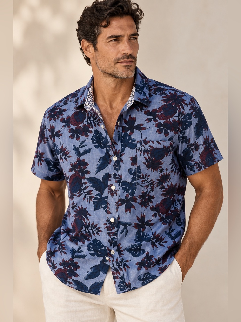 Van Heusen Navy and Burgundy Floral Short-Sleeve Button-Down Shirt XXL